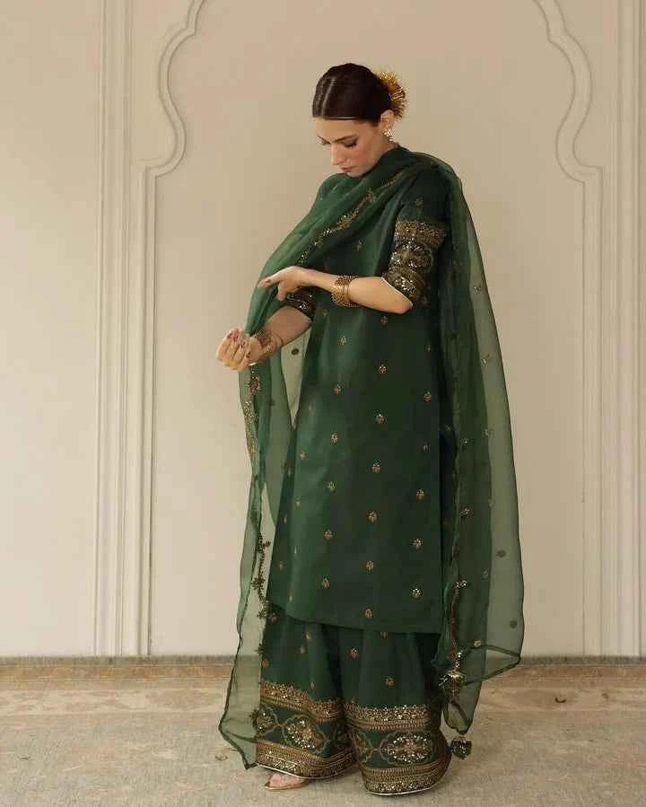 Bottle Green Raw Silk - Alab.pk ALAB Bottle Green Raw Silk - Alab.pk ALAB